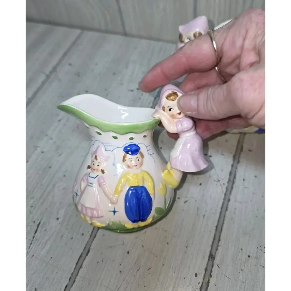 Vtg Green Trim Dutch Holland Windmill Boy & Girl Creamer and Sugar Set Kitschy